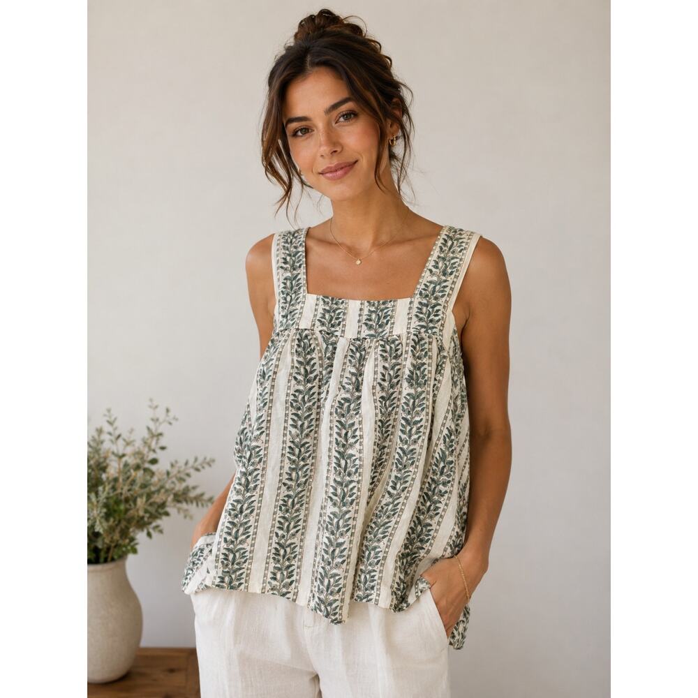 Tuckernuck Green Leaf-Print Cream Square-Neck Tank